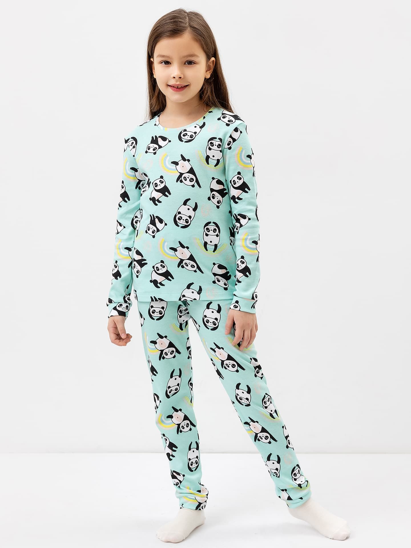 Хлопковая пижама для девочек (лонглсив и брюки) в ментоловом цвете с пандами