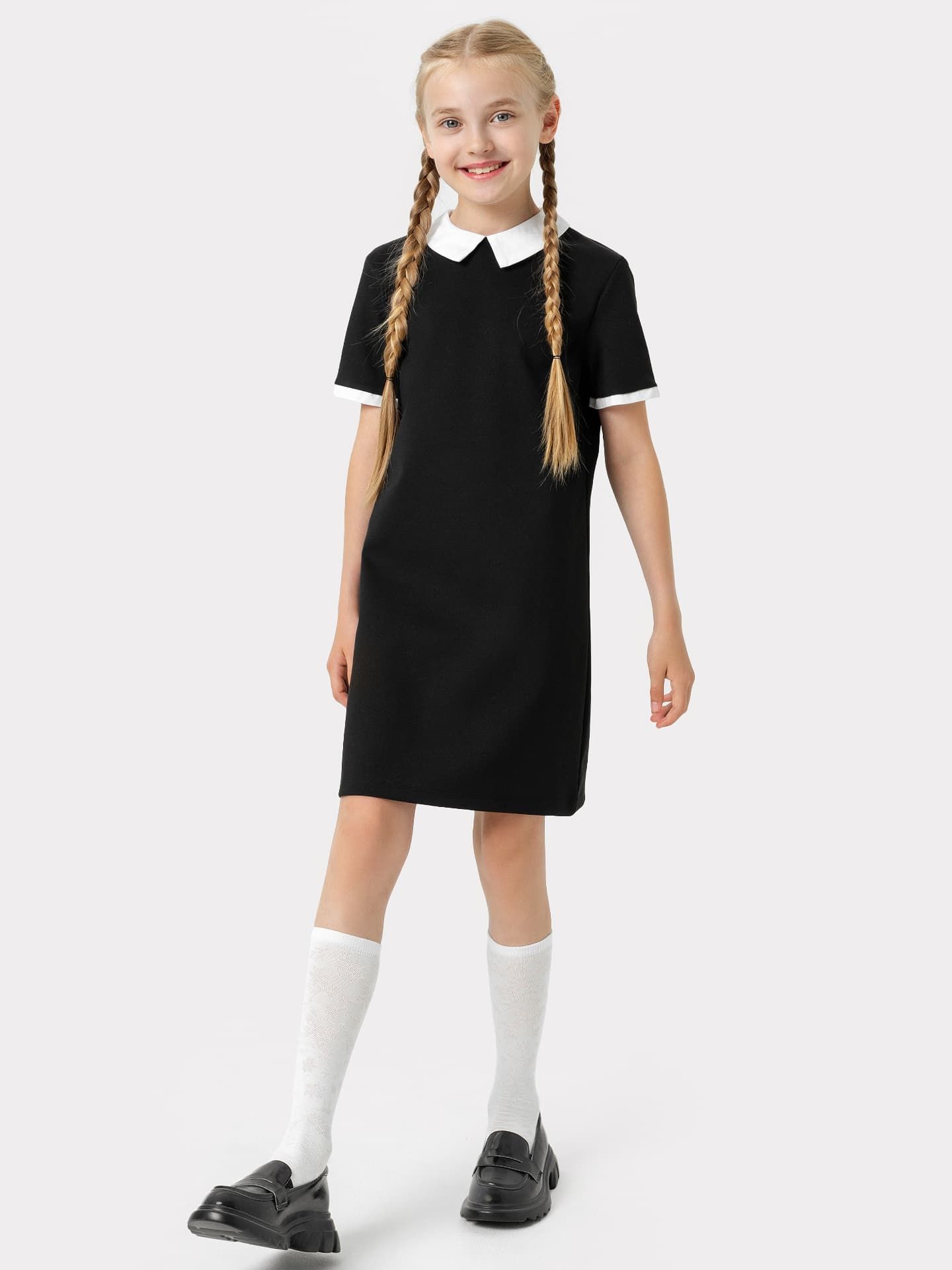 Платье черное с белым воротником и вставкой в рукавах для девочек