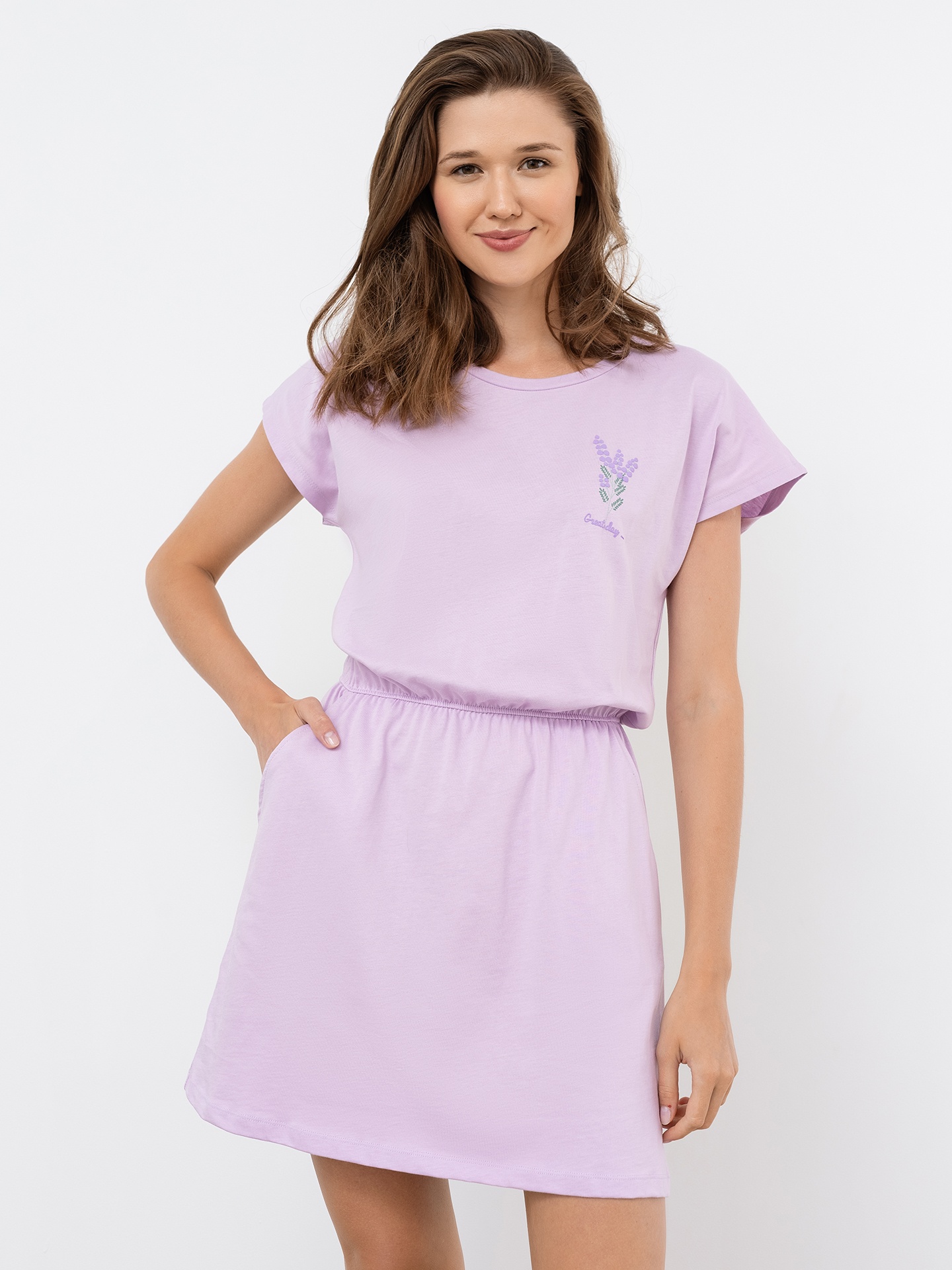 Хлопковое домашнее платье лавандового цвета с миниатюрным принтом