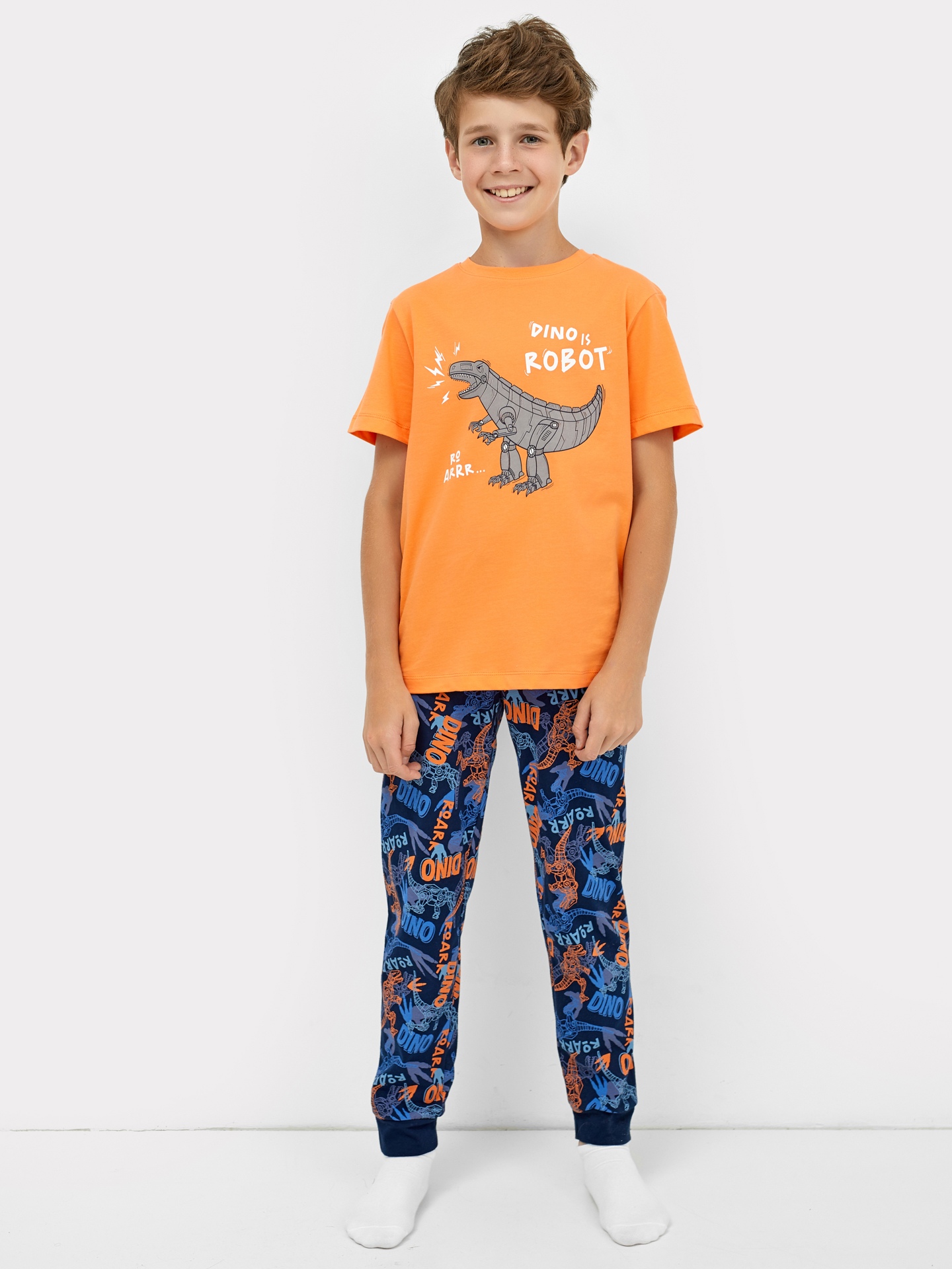Хлопковый комплект для мальчиков (футболка и брюки) оранжевого и темно-синего цветов