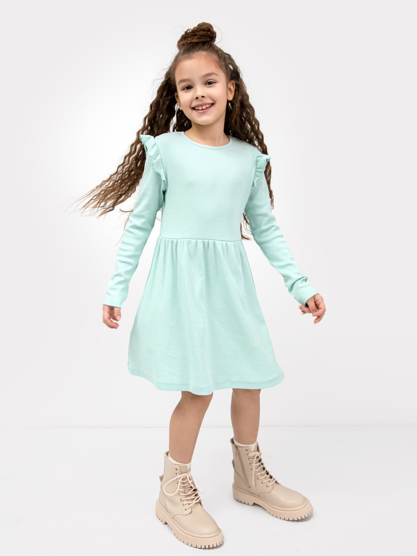 Хлопковое платье в рубчик светло-мятного цвета для девочек