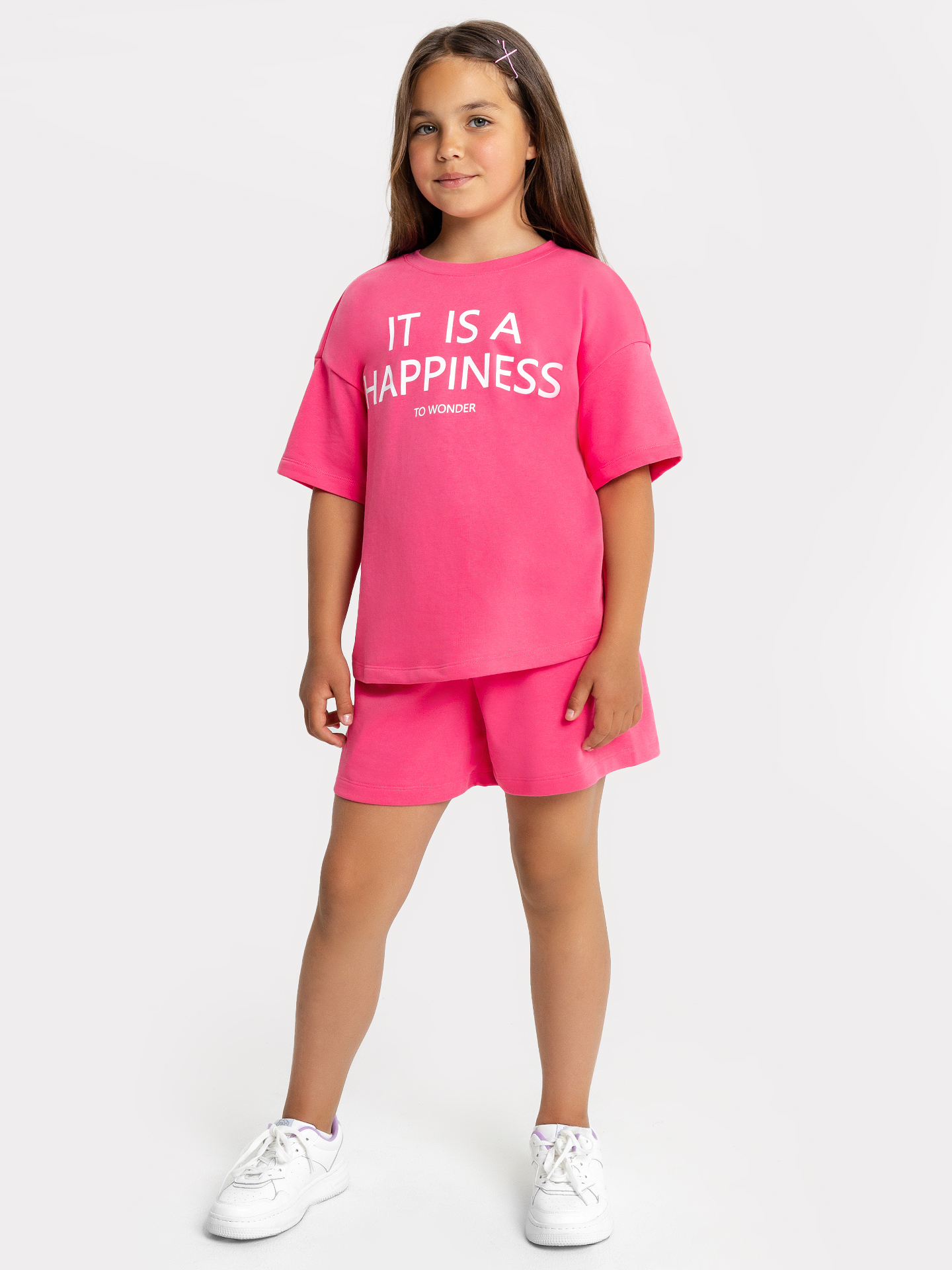 Комплект для девочек (футболка, шорты) розового цвета с принтом