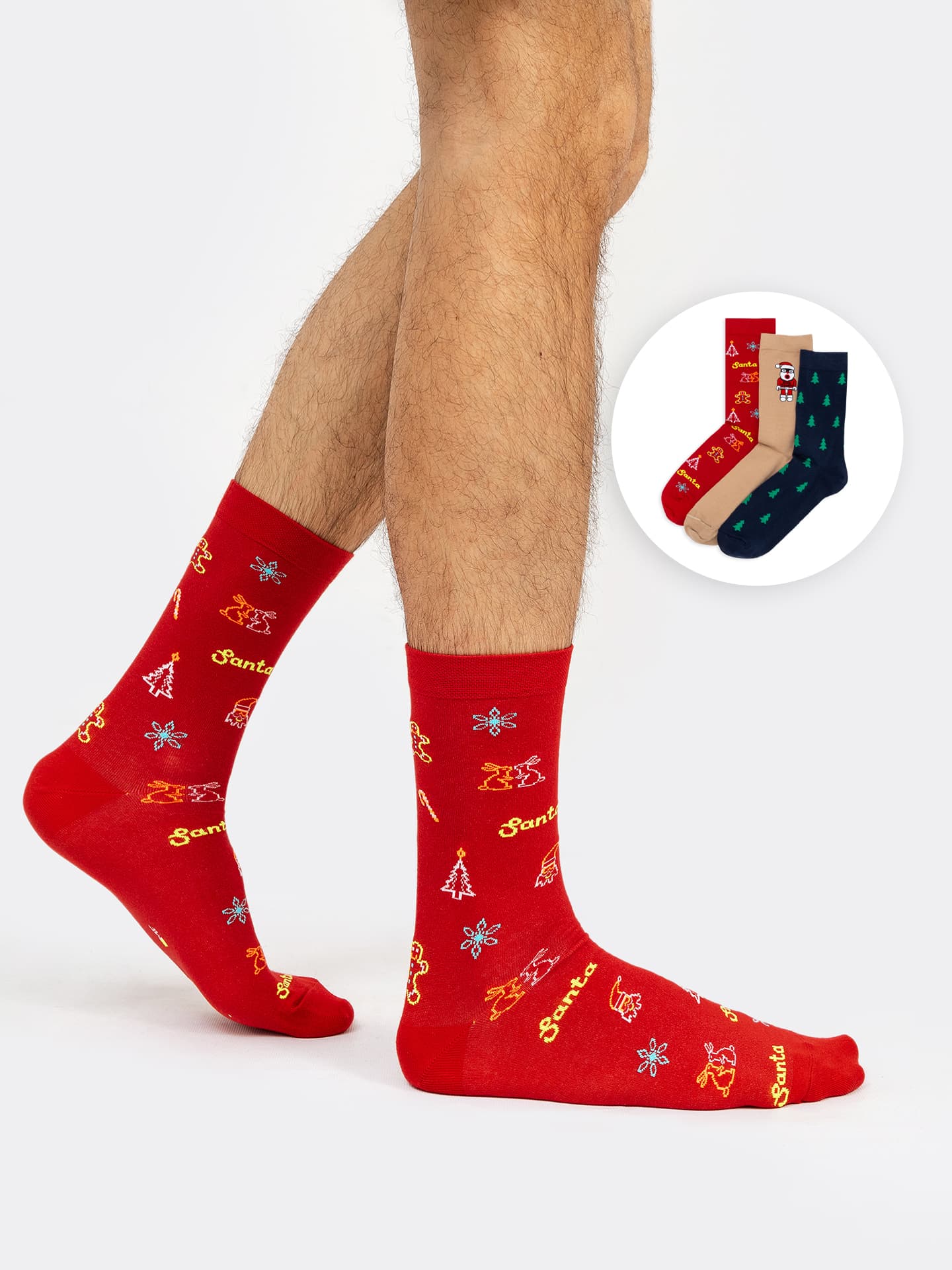 Мультипак высоких мужских носков разноцветных (3 пары) с новогодними рисунками
