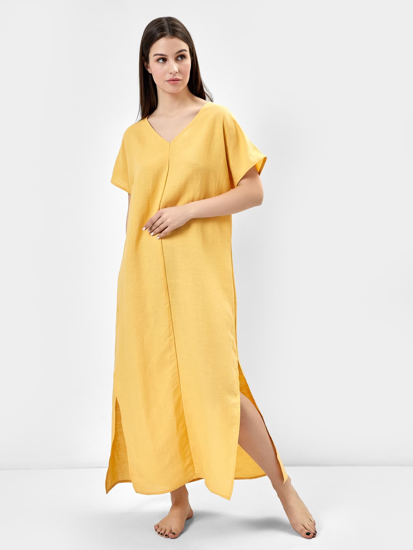 Платье женское домашнее макси из премиального льна и вискозы в желтом цвете