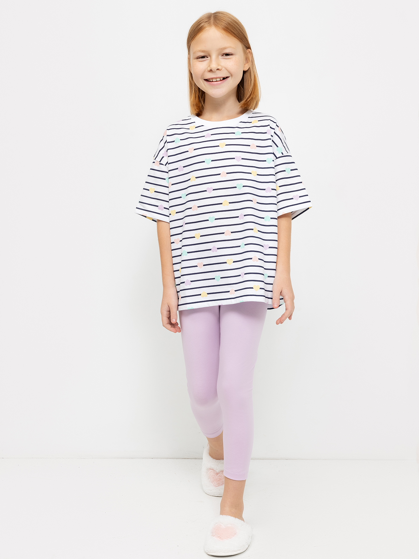 Комплект для девочек (футболка в полоску и легинсы лавандового цвета)