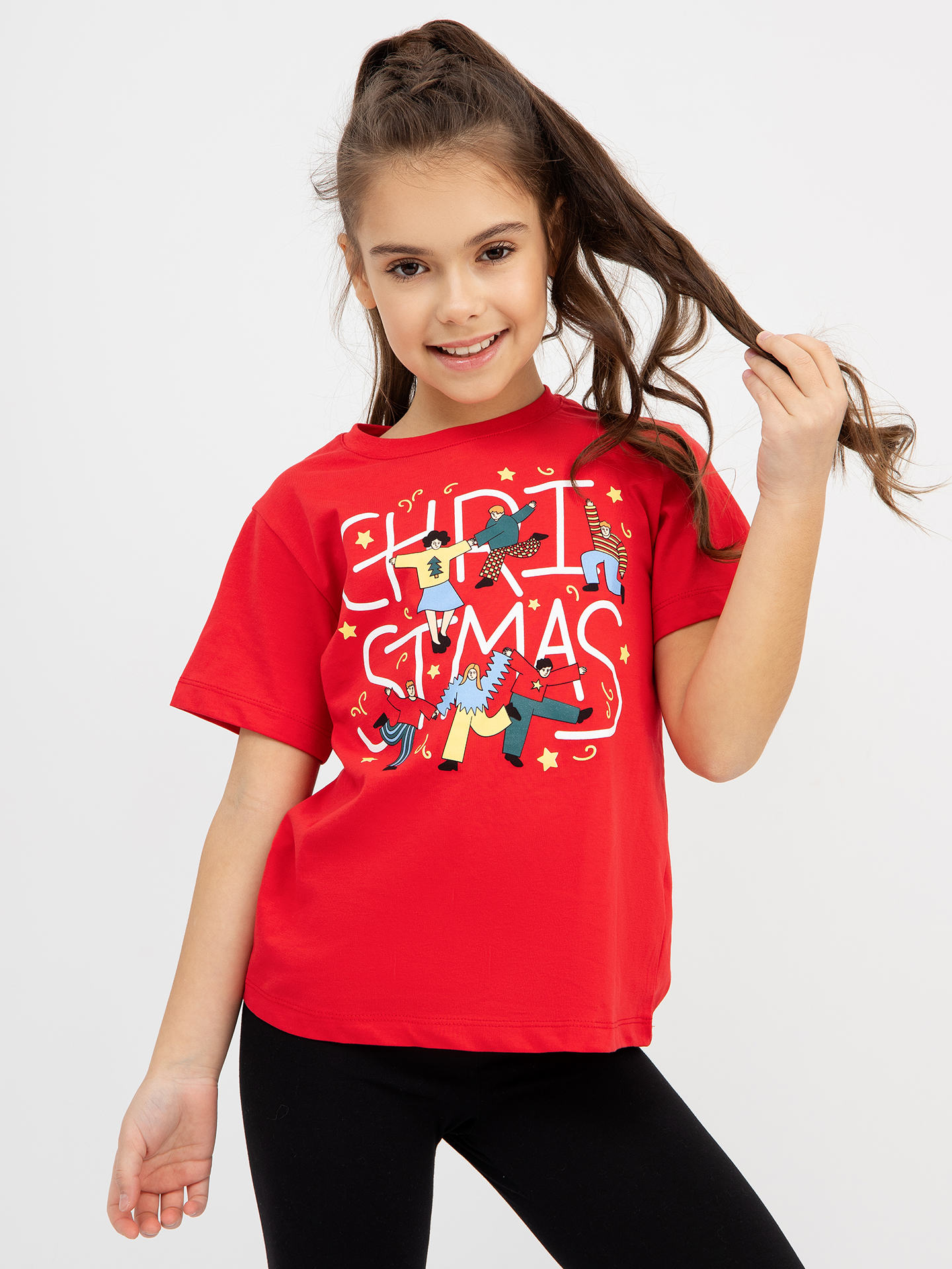 Хлопковая футболка красного цвета с новогодним принтом для девочек