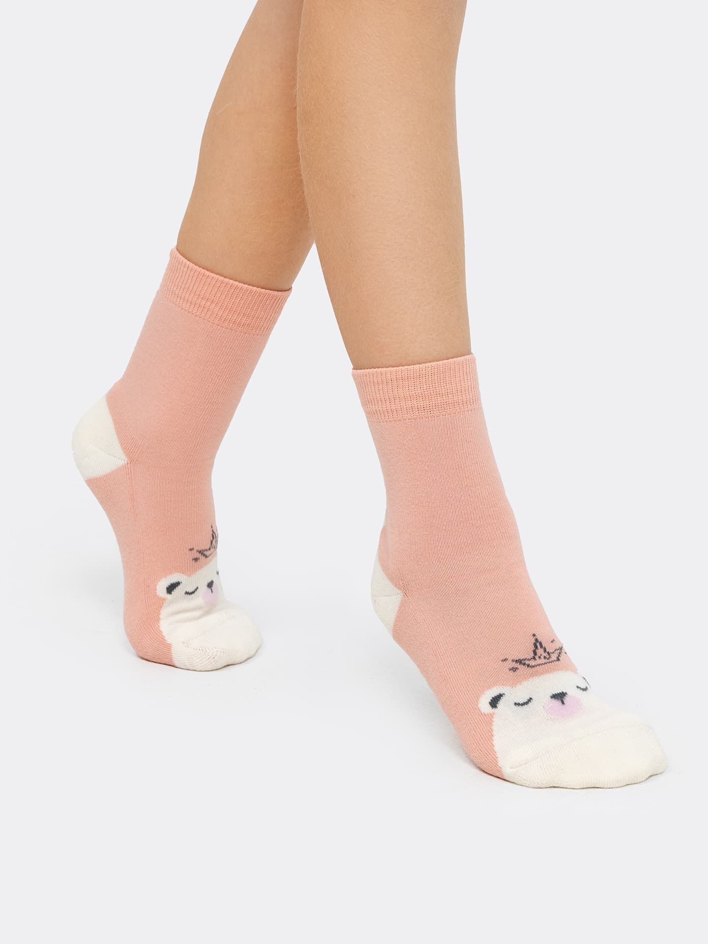 Детские махровые носки персикового цвета с белыми мишками