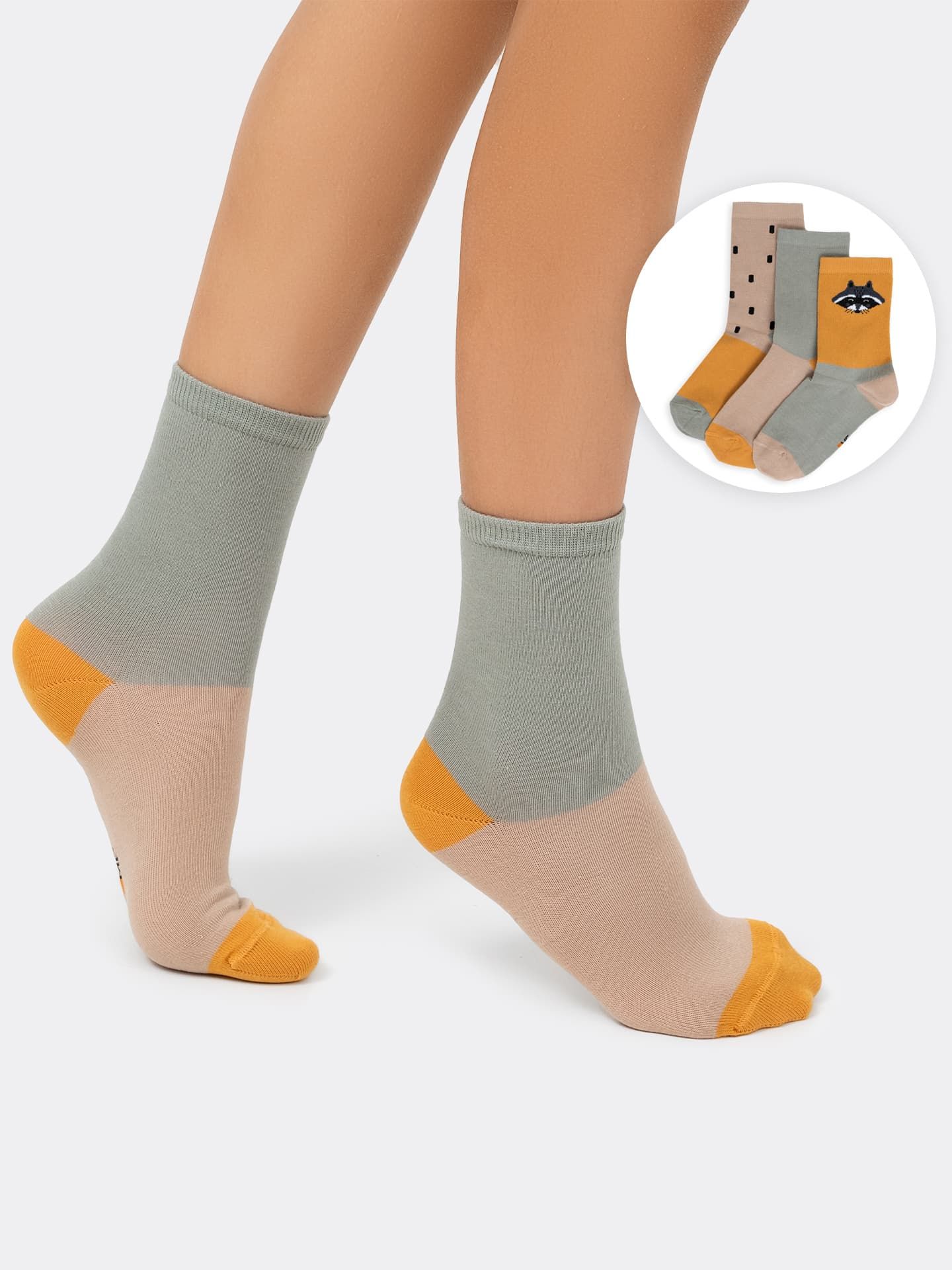 Мультипак детских высоких носков (3 пары) с енотом и черточками