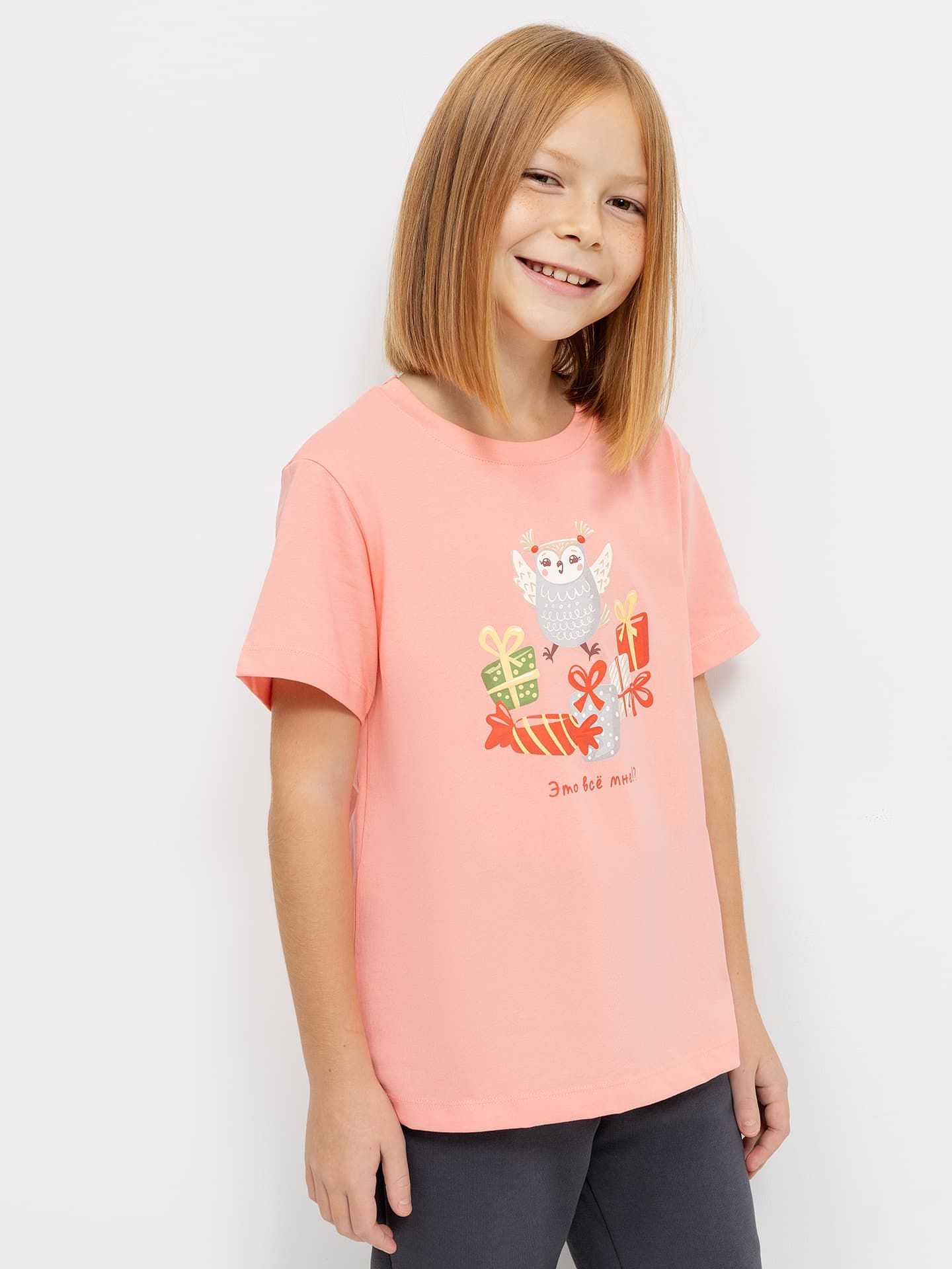 Хлопковая футболка кораллового цвета с принтом для девочек