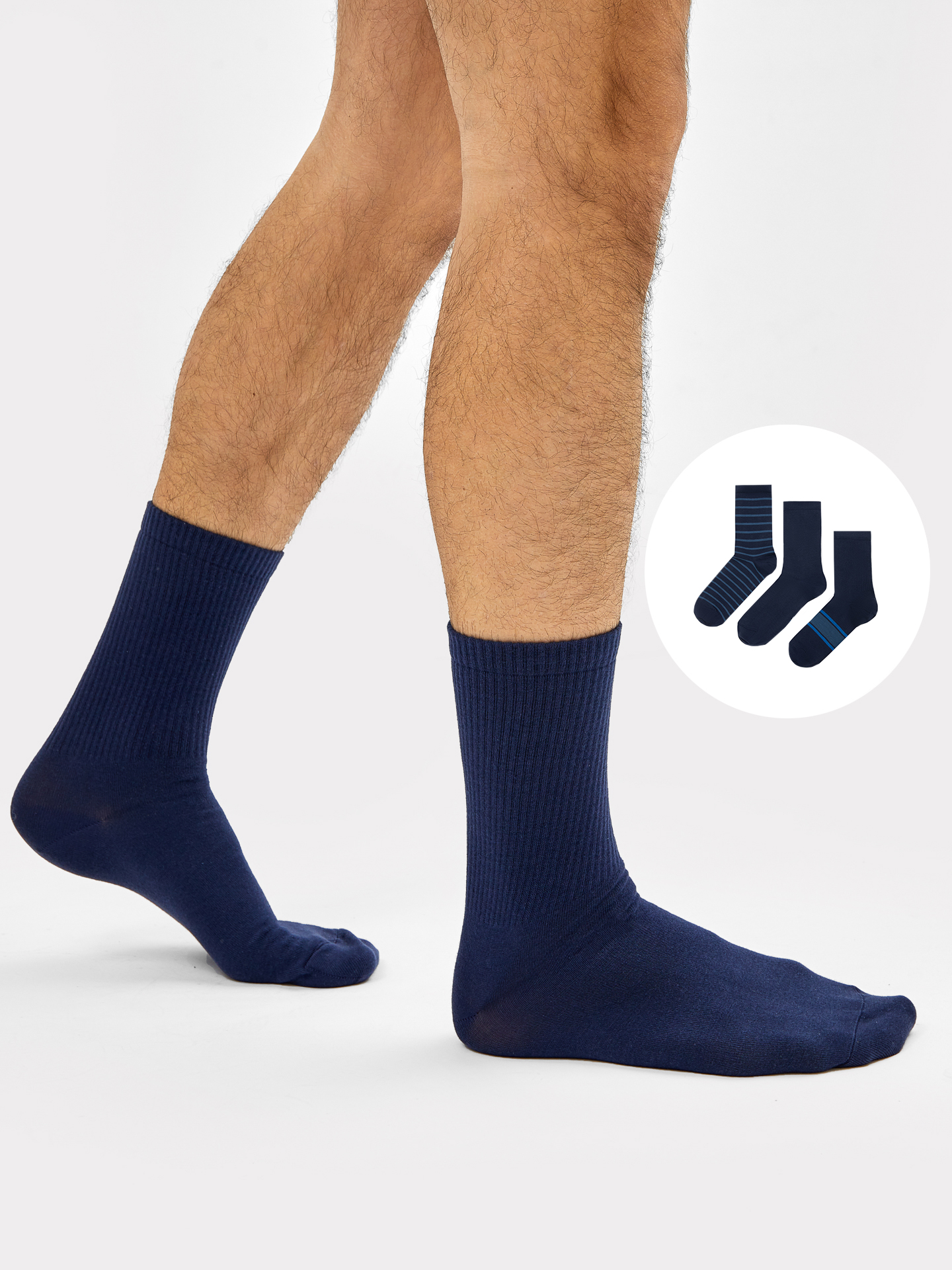 Набор мужских носков (3 шт.) синего цвета с рисунком в виде поперечных полосок