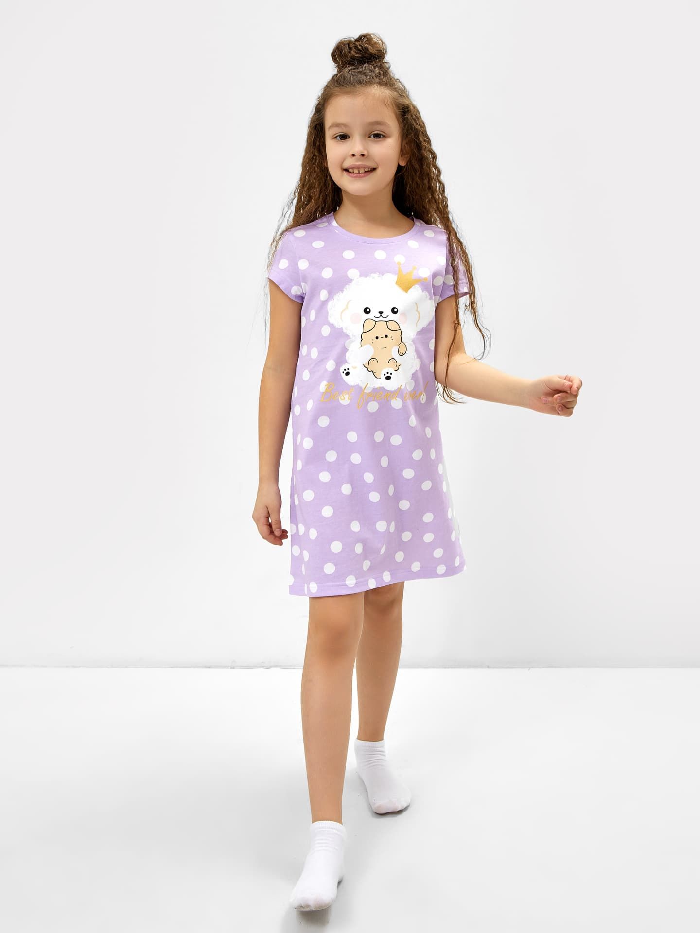 Хлопковая ночная сорочка для девочек в лиловом цвете в горошек с принтом
