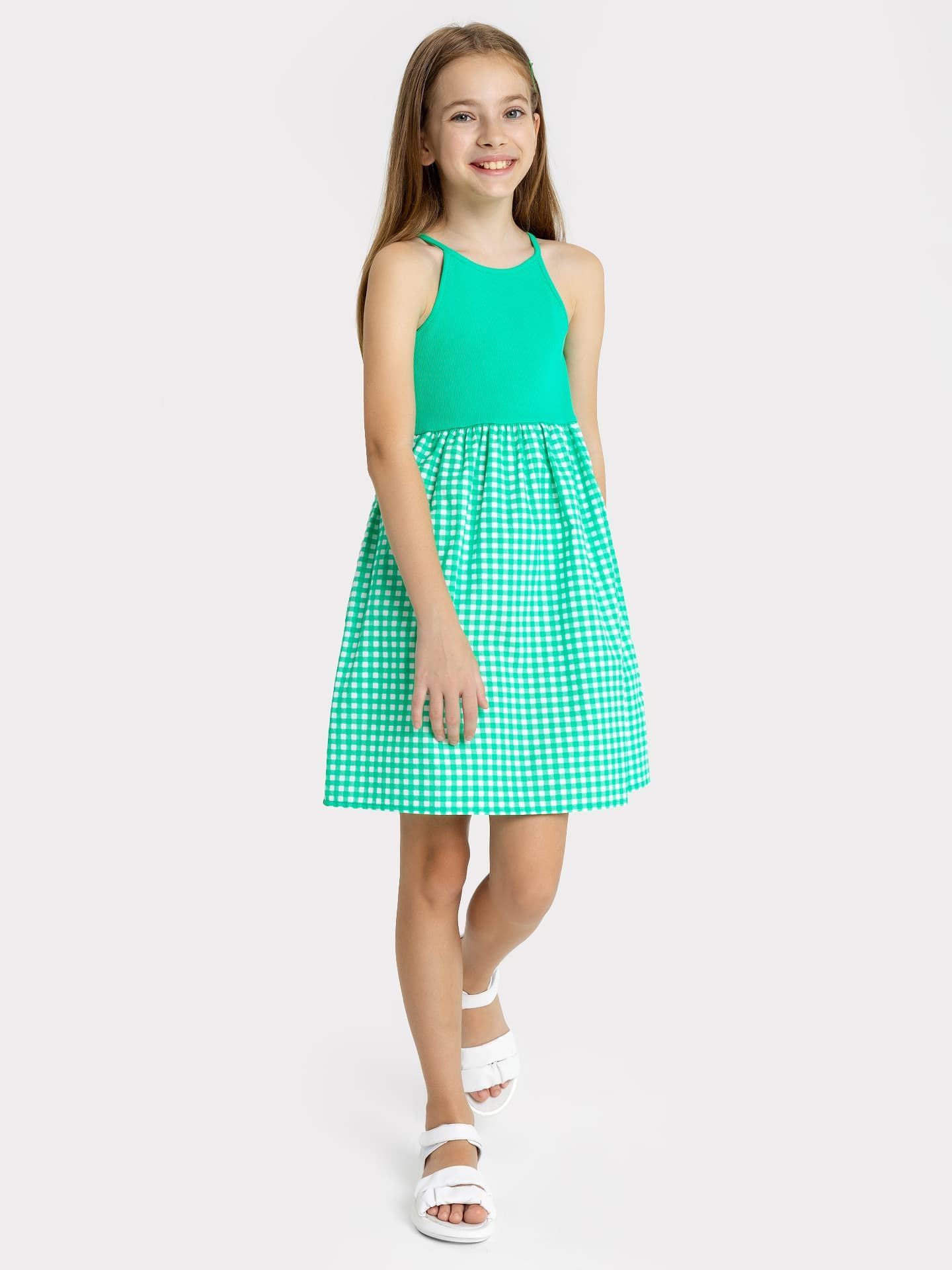 Сарафан на бретелях для девочек, в зеленом цвете, юбка в клетку