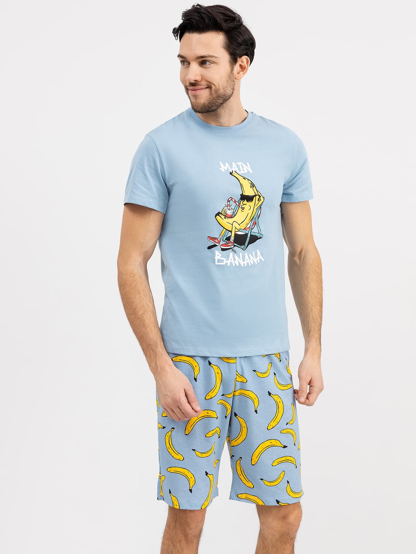 Хлопковый комплект (футболка и шорты) в голубом цвете с бананами