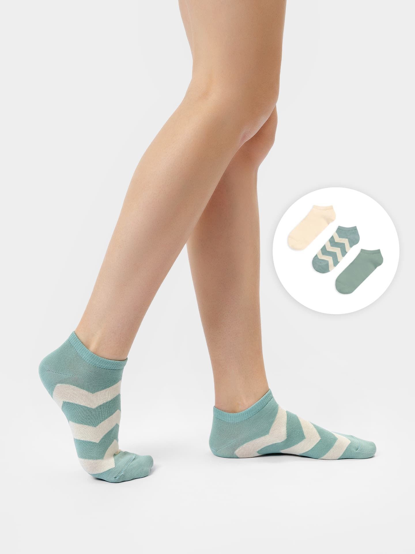 Набор носков коротких женских (3 пары) с полосками в оттенках эвкалипт и нюд