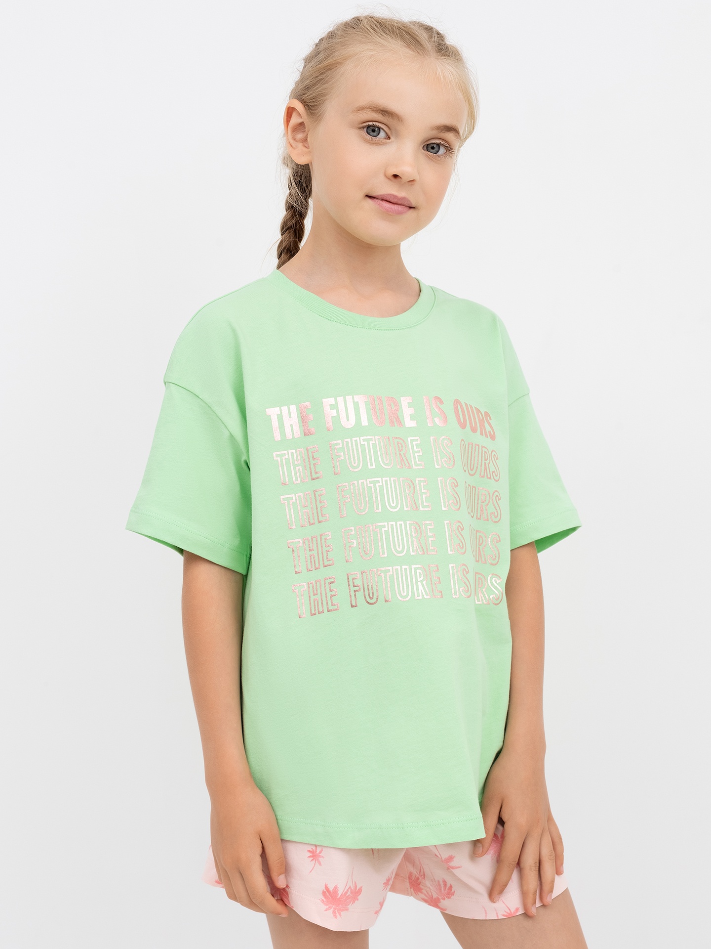 Хлопковая свободная футболка салатового цвета с принтом