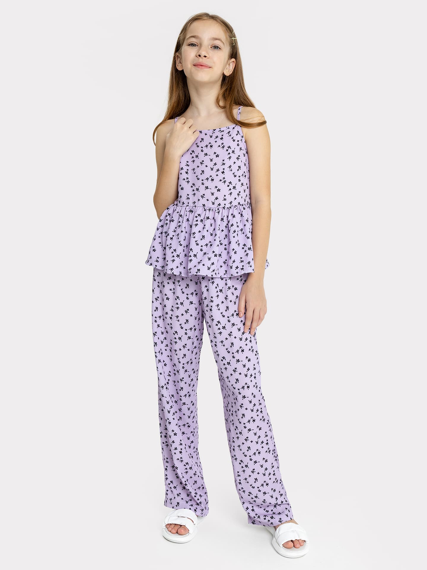 Комплект для девочки (топ, брюки) в фиолетовом цвете с рисунком цветов