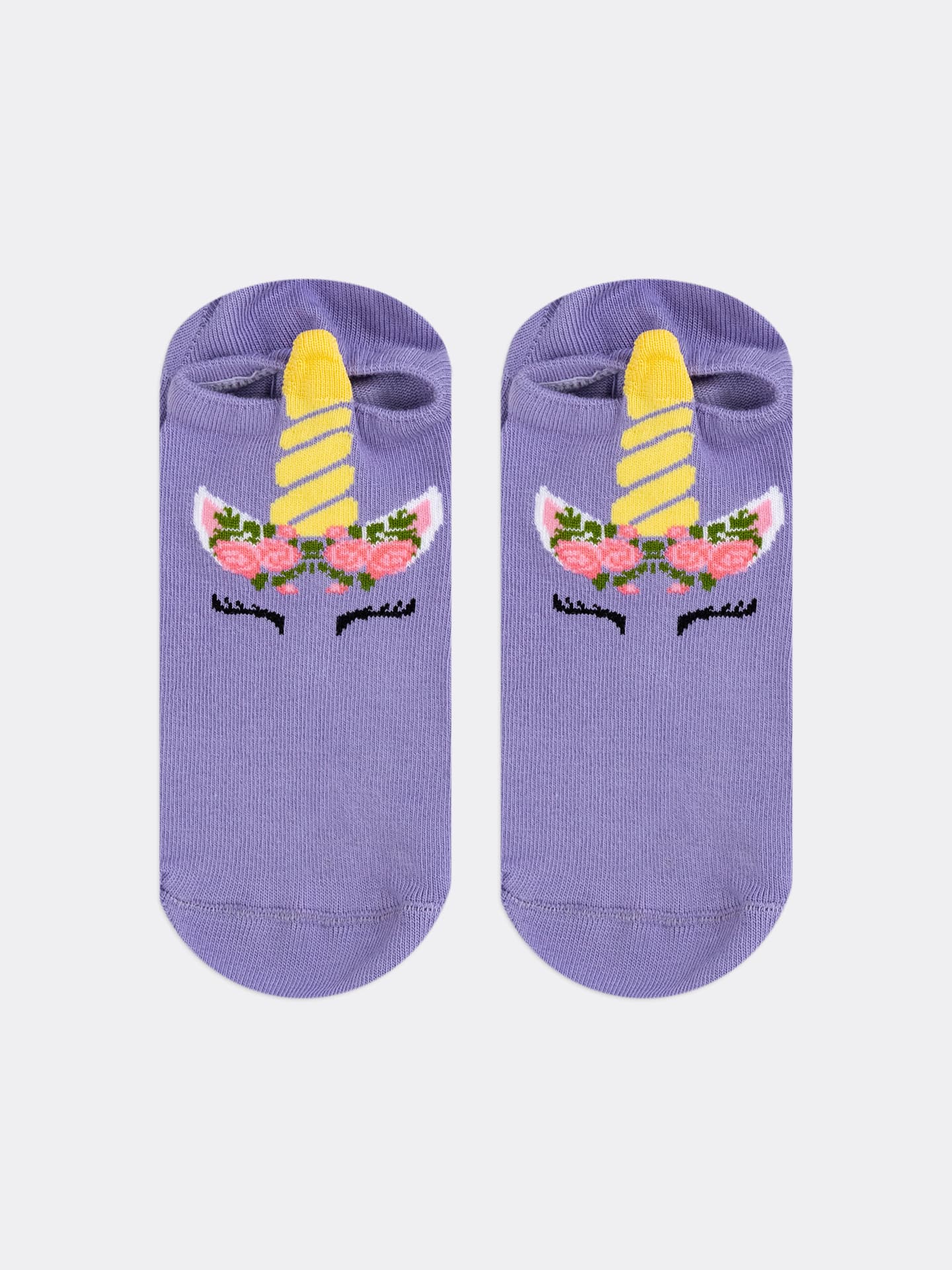 Носки детские короткие фиолетовые с рисунком единорога и 3-д
